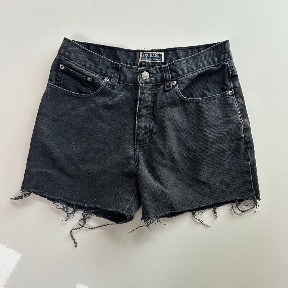 Vintage Black Sparkle High Rise Denim Raw Hem Shorts 28"